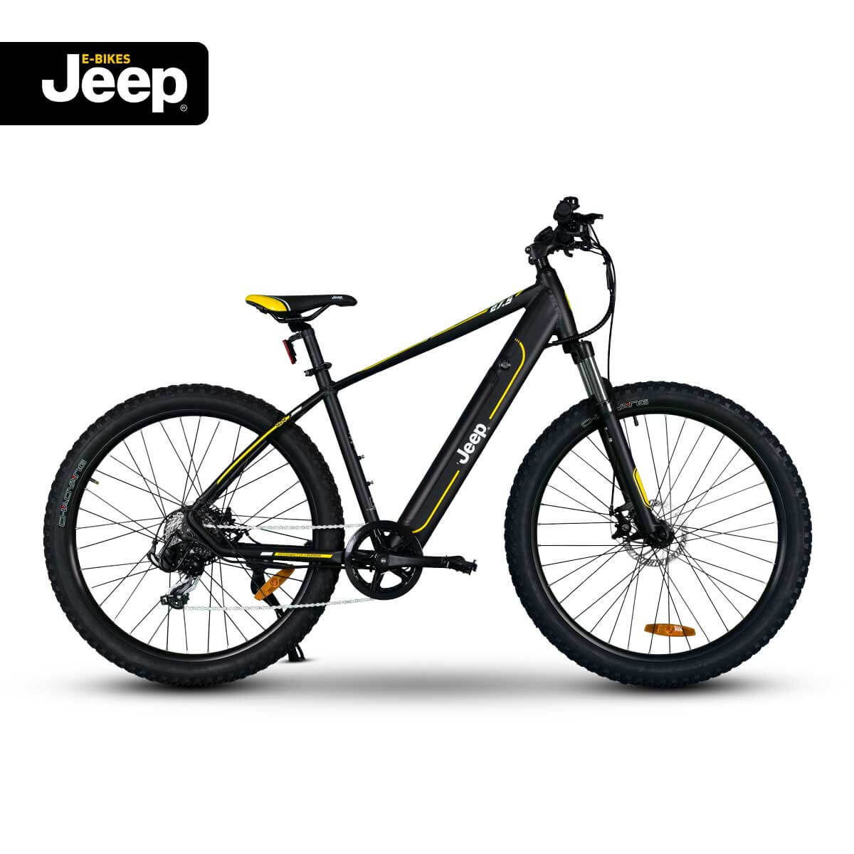 Jeep Mountain E-Bike MHR, Seitenansicht mit breiten Geländereifen und stabiler Rahmenkonstruktion