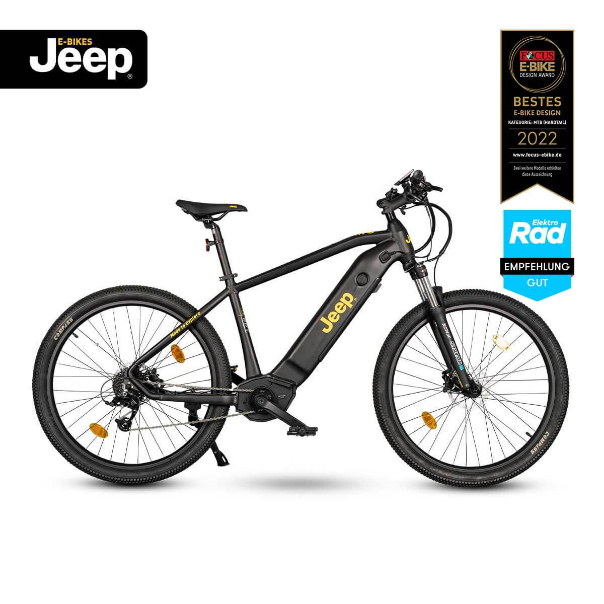 Jeep Mountain E-Bike MHM 7000, Seitenansicht mit geländetauglichen Reifen und robustem Rahmen.