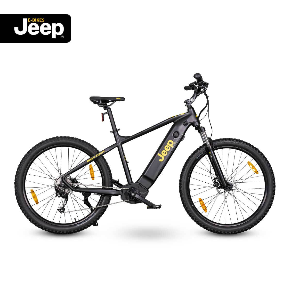 Jeep Mountain E-Bike MHM 7010, Seitenansicht mit Fatbike-Reifen und stabilem Rahmen für Geländefahrten