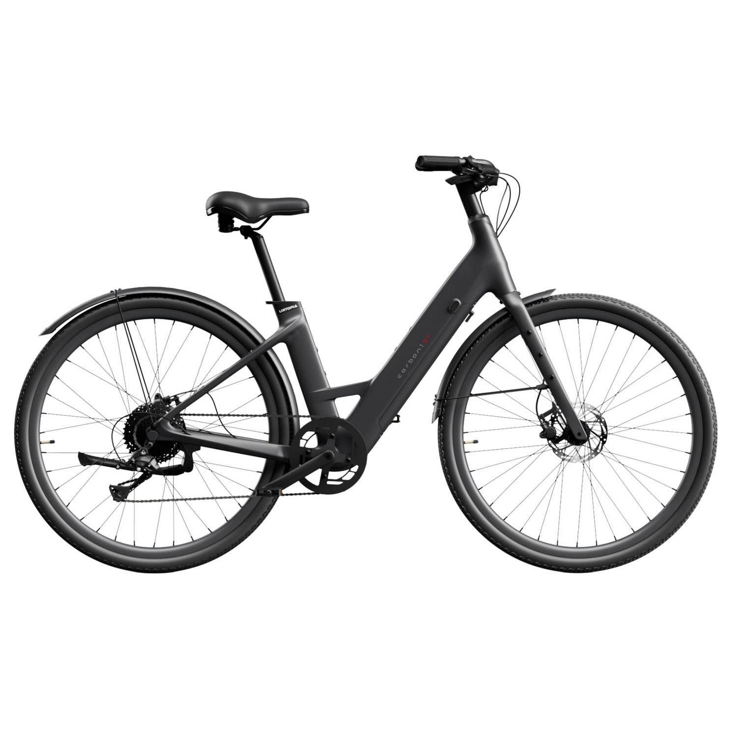 Urtopia Carbon 1 ST in Schwarz, Seitenansicht des leichten Carbon-E-Bikes mit Tiefeinstieg