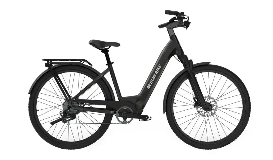 E-Bike Berlin Bike SUV in modern Schwarz mit stabilen Reifen und niedrigem Einstieg. Ideal für städtische Fahrten.