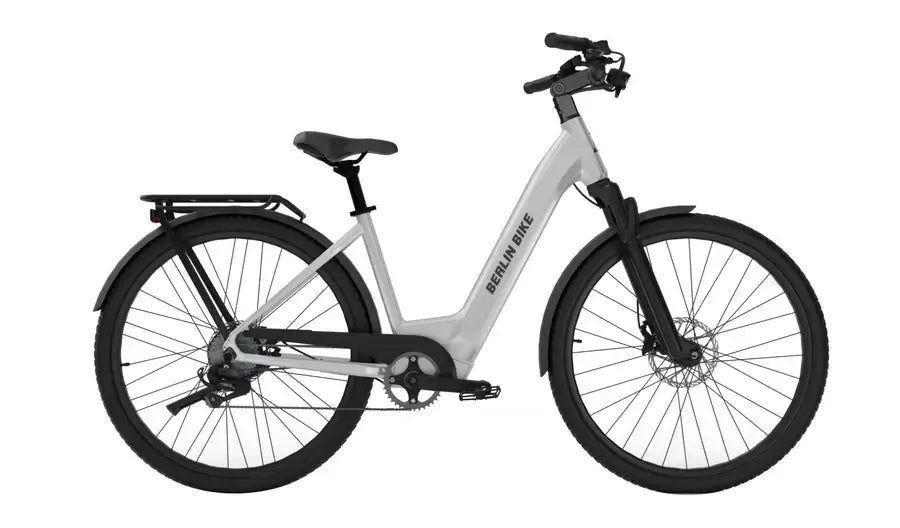 E-Bike Berlin Bike SUV in Weiß mit tiefem Einstieg und modernem Design für urbanen Fahrspaß.