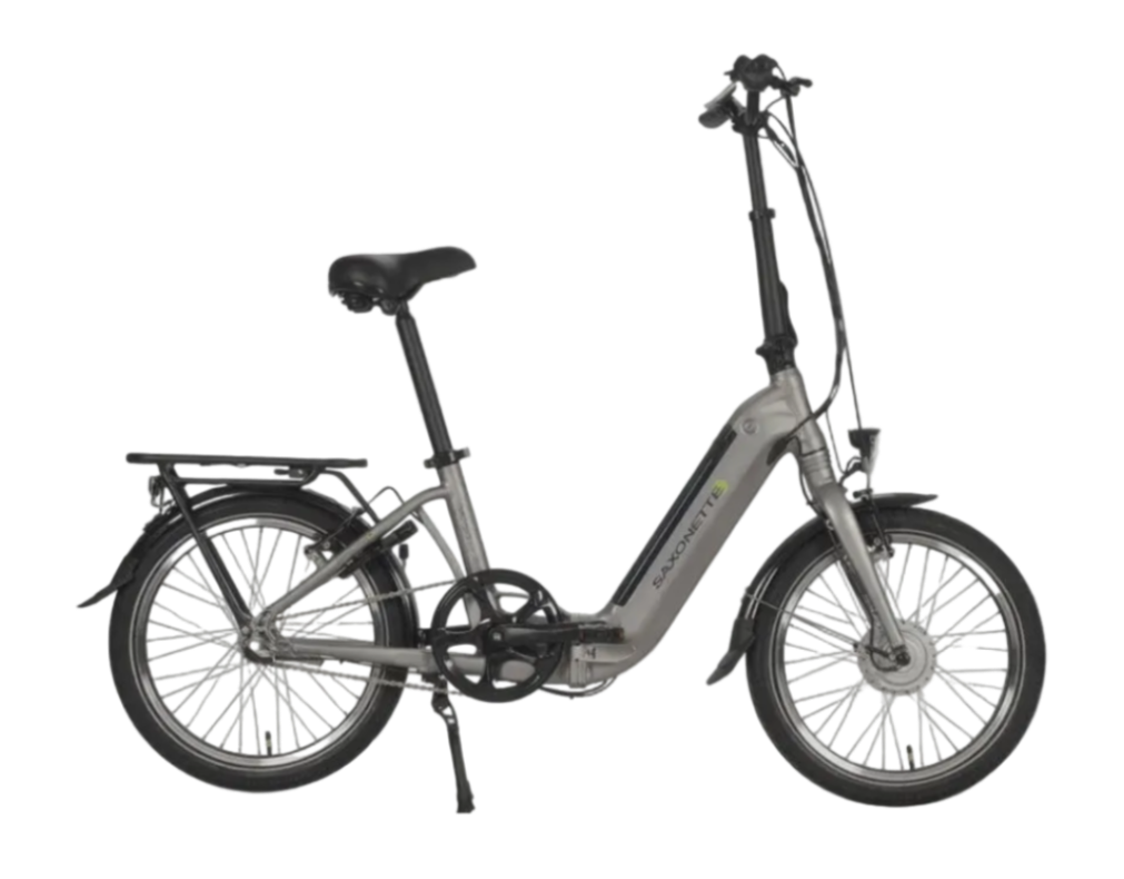 Saxonette Compact Comfort Plus 2.0 in Silber Seitenansicht, kompaktes Falt-E-Bike für Pendler