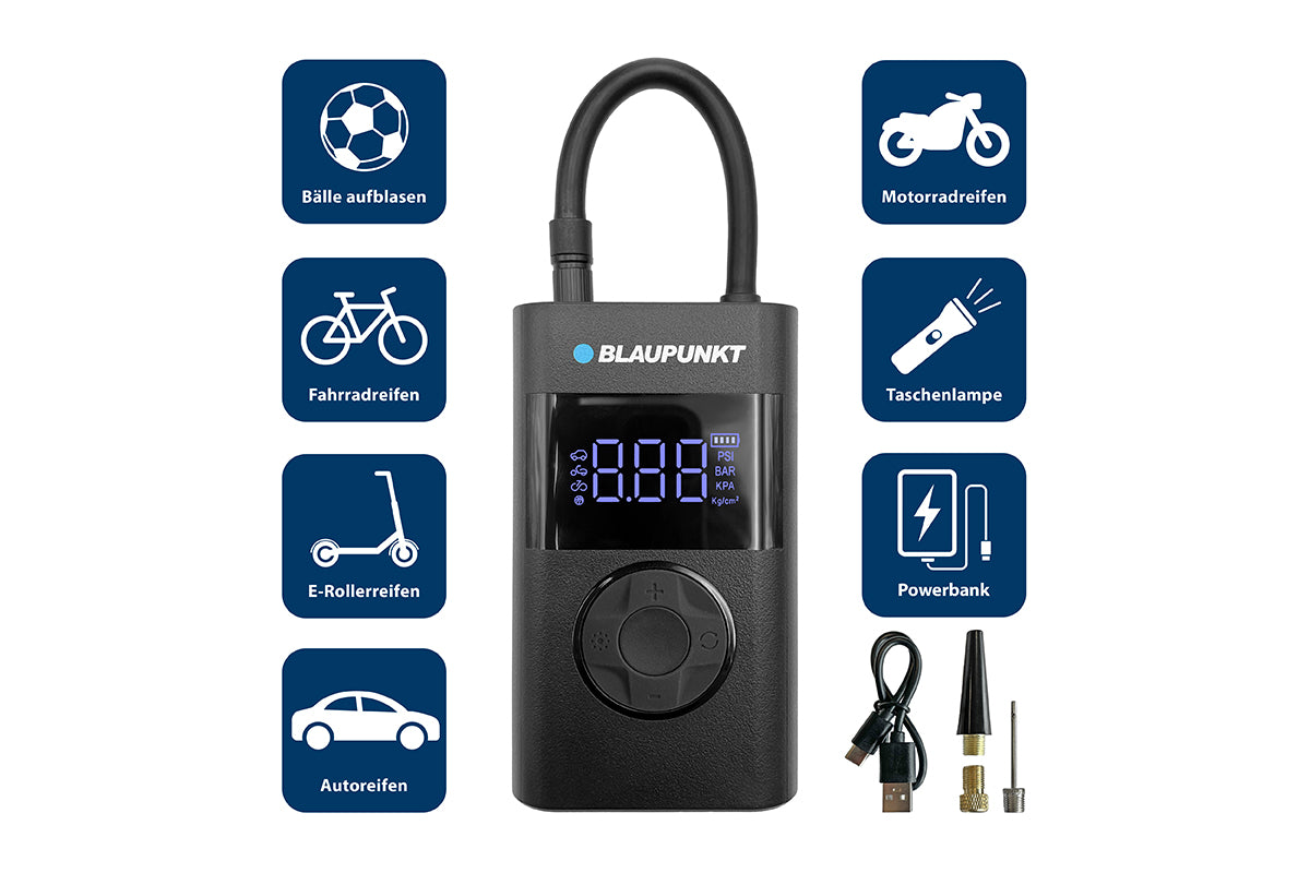 Blaupunkt Akku-Luftpumpe TPM 124 mit LCD-Anzeige und Zubehör
