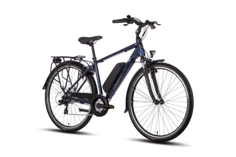 SAXXX Touring Sport E-Trekkingbike in blau, ideal für Alltag und Freizeit mit 250 W Motor und 7-Gang-Schaltung.