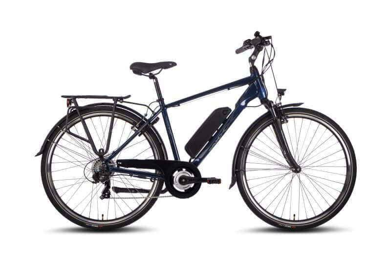 SAXXX Touring Sport E-Trekkingbike in Blau mit 250 W Motor, 7-Gang-Schaltung und entnehmbarem Akku.