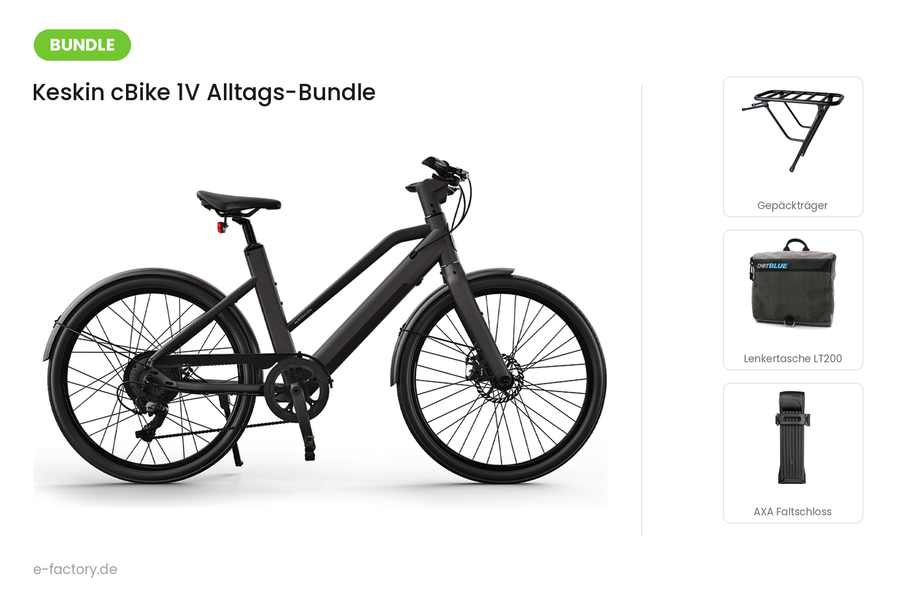 Keskin cBike 1V Alltags-Bundle: City-E-Bike mit hinterem Keskin Gepäckträger, DotBlue Lenkertasche LT200 und AXA Fold Lite 100 Faltschloss
