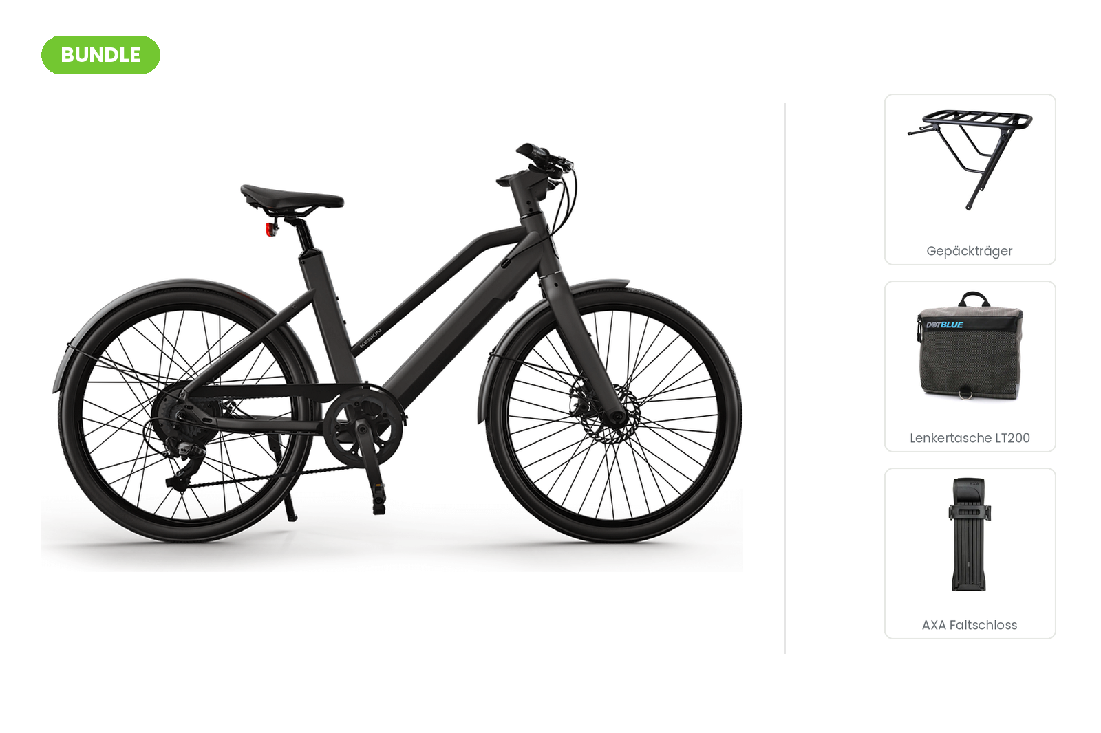 Keskin cBike 1V Alltags-Bundle: City-E-Bike mit hinterem Keskin Gepäckträger, DotBlue Lenkertasche LT200 und AXA Fold Lite 100 Faltschloss