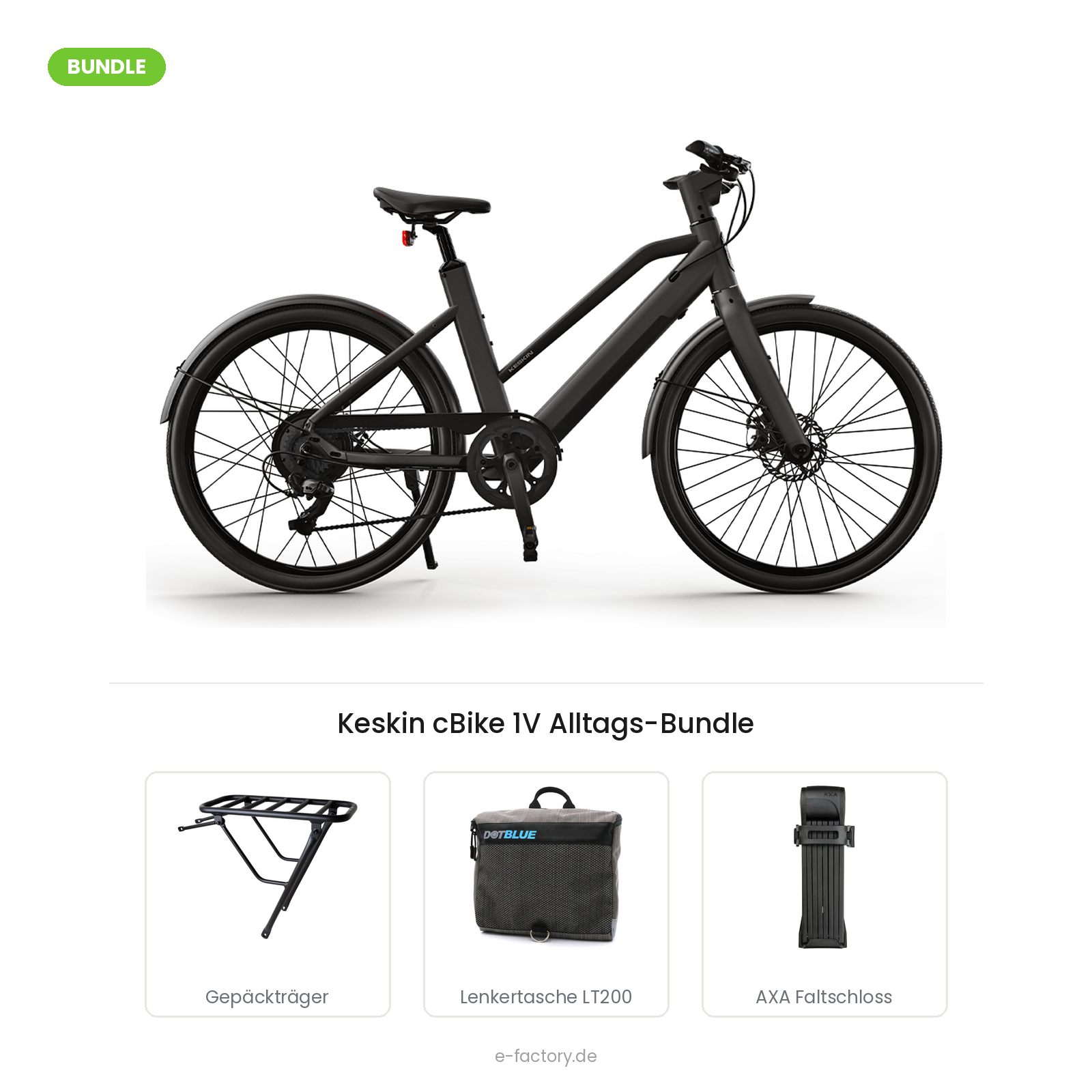 Keskin cBike 1V Alltags-Bundle: City-E-Bike mit hinterem Keskin Gepäckträger, DotBlue Lenkertasche LT200 und AXA Fold Lite 100 Faltschloss