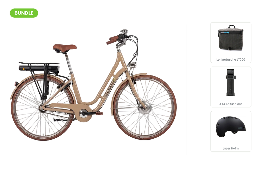 Saxonette Classic Plus 2.0 Komfort-Bundle: Retro-E-Bike mit DotBlue Lenkertasche LT200, AXA Fold Lite 100 Faltschloss und Lazer Armor 2.0 Helm