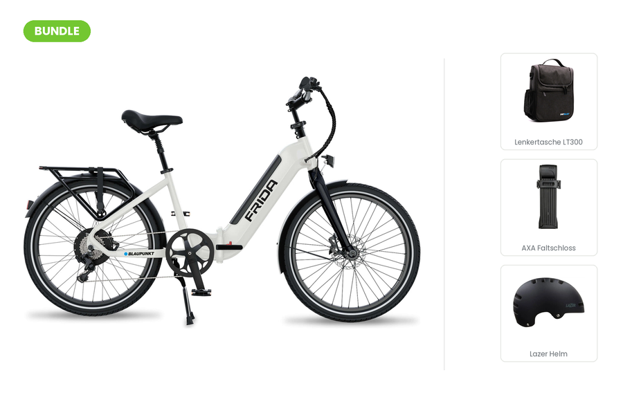 Blaupunkt Frida Pendler-Bundle: Falt-E-Bike mit DotBlue Lenkertasche LT300, AXA Fold Lite 100 Faltschloss und Lazer Armor 2.0 Helm