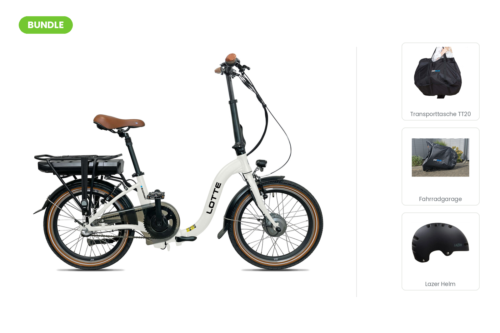 Blaupunkt Lotte Falt-Bundle: 20-Zoll-Falt-E-Bike mit DotBlue Transporttasche TT20, Fahrradgarage und Lazer Armor 2.0 Helm