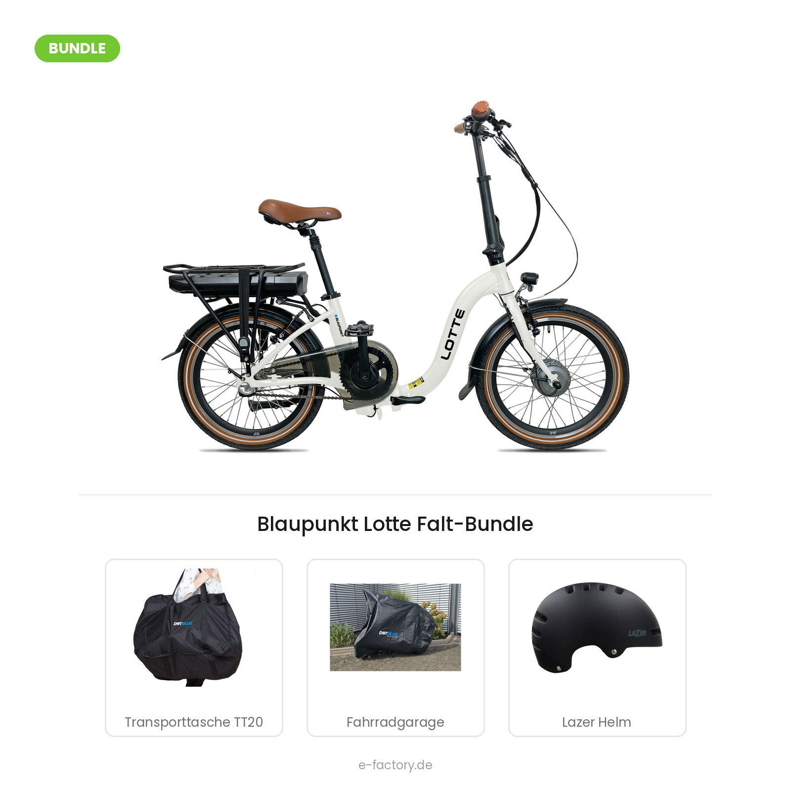 Blaupunkt Lotte Falt-Bundle: 20-Zoll-Falt-E-Bike mit DotBlue Transporttasche TT20, Fahrradgarage und Lazer Armor 2.0 Helm