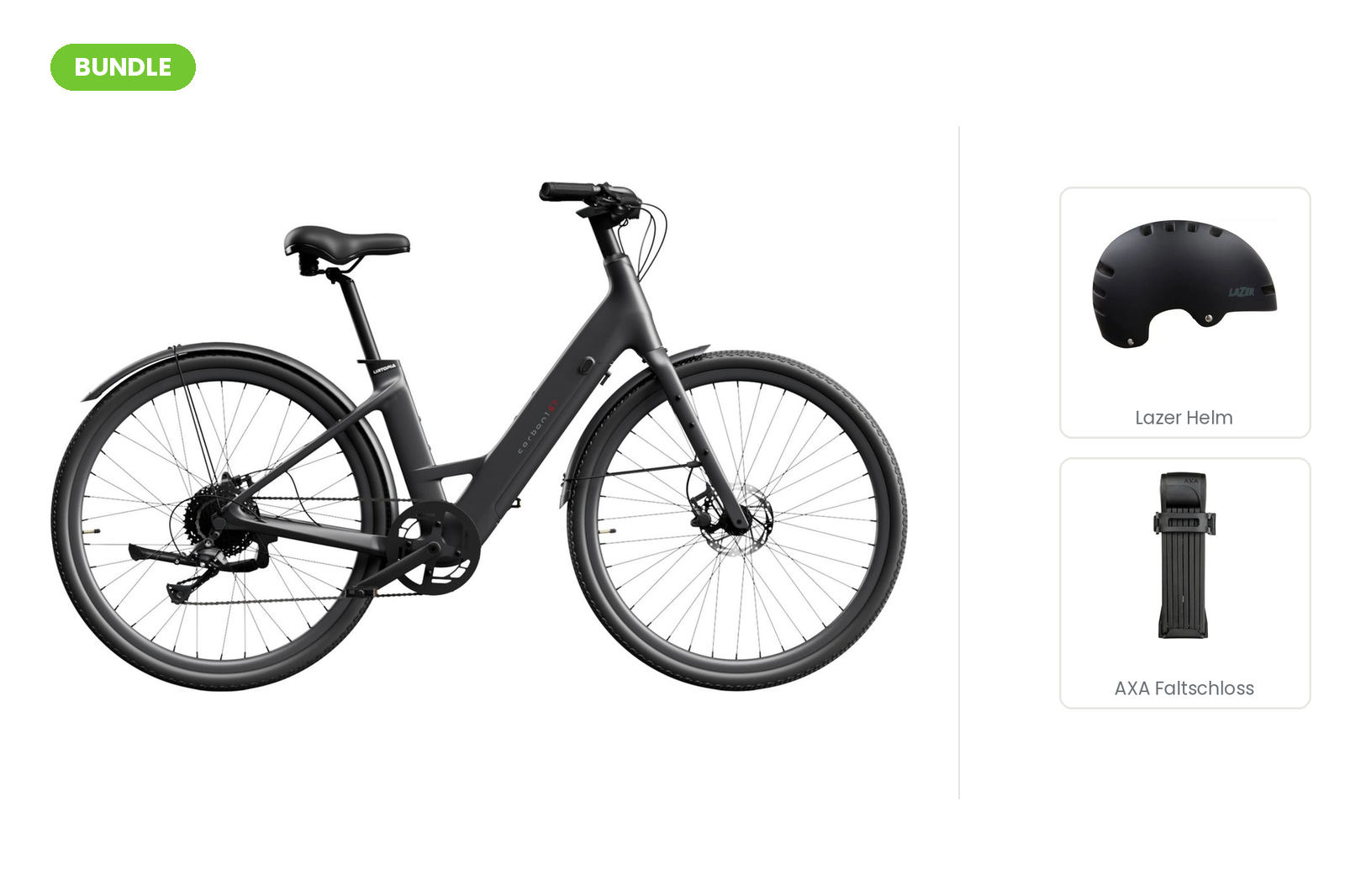 Urtopia Carbon 1 ST Urban-Bundle: Carbon-E-Bike mit Lazer Armor 2.0 Helm und AXA Fold Lite 100 Faltschloss