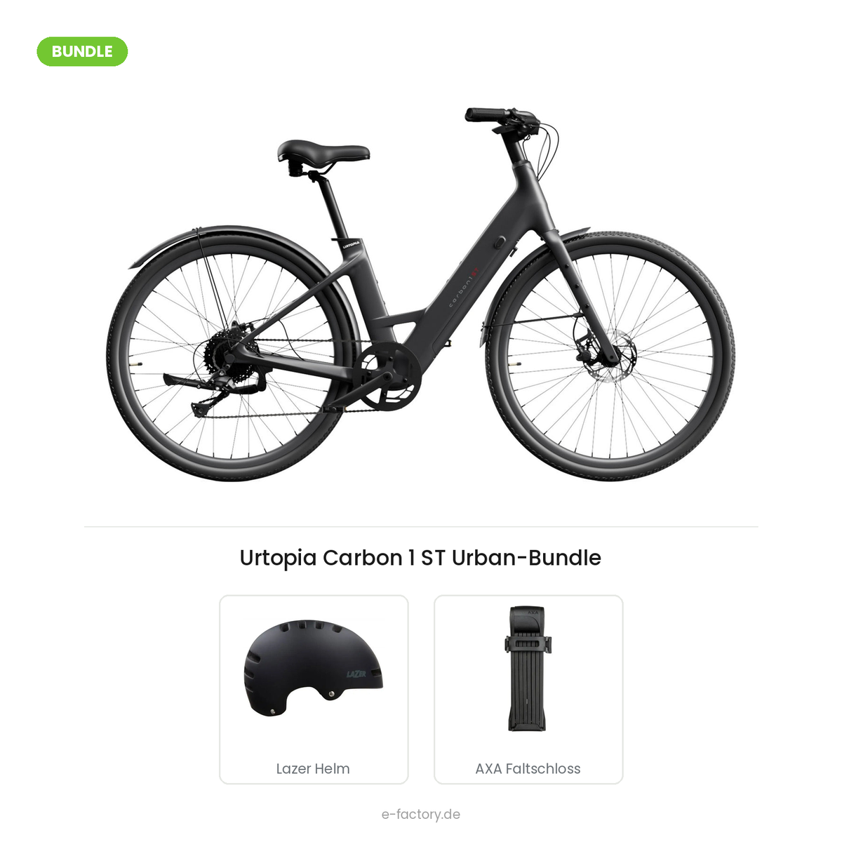 Urtopia Carbon 1 ST Urban-Bundle: Carbon-E-Bike mit Lazer Armor 2.0 Helm und AXA Fold Lite 100 Faltschloss