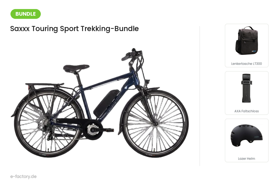 Saxxx Touring Sport Trekking-Bundle: E-Trekkingbike mit DotBlue Lenkertasche LT300, AXA Fold Lite 100 Faltschloss und Lazer Armor 2.0 Helm