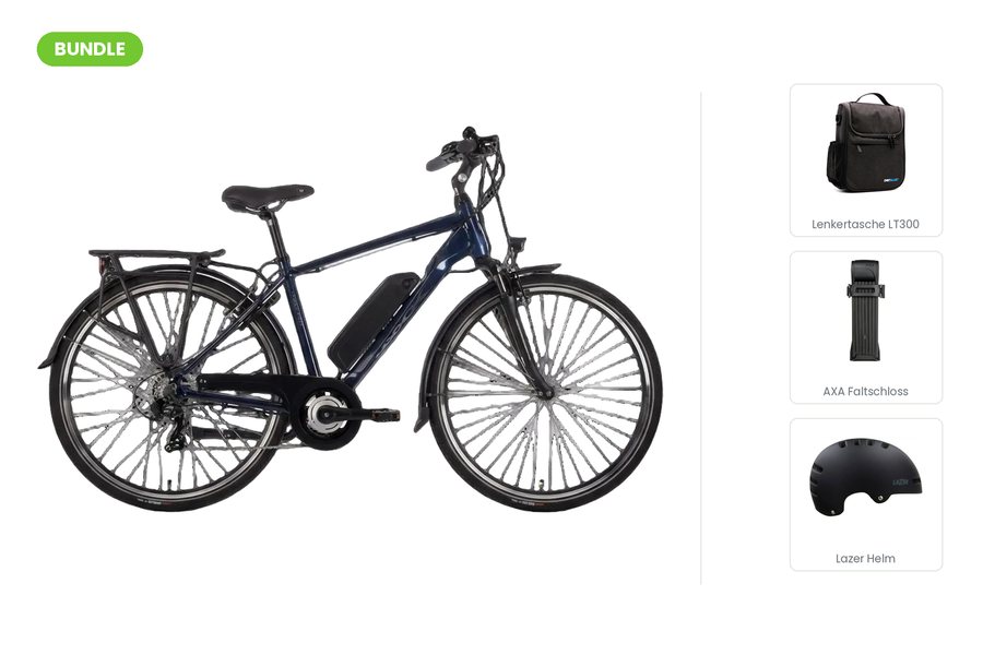 Saxxx Touring Sport Trekking-Bundle: E-Trekkingbike mit DotBlue Lenkertasche LT300, AXA Fold Lite 100 Faltschloss und Lazer Armor 2.0 Helm