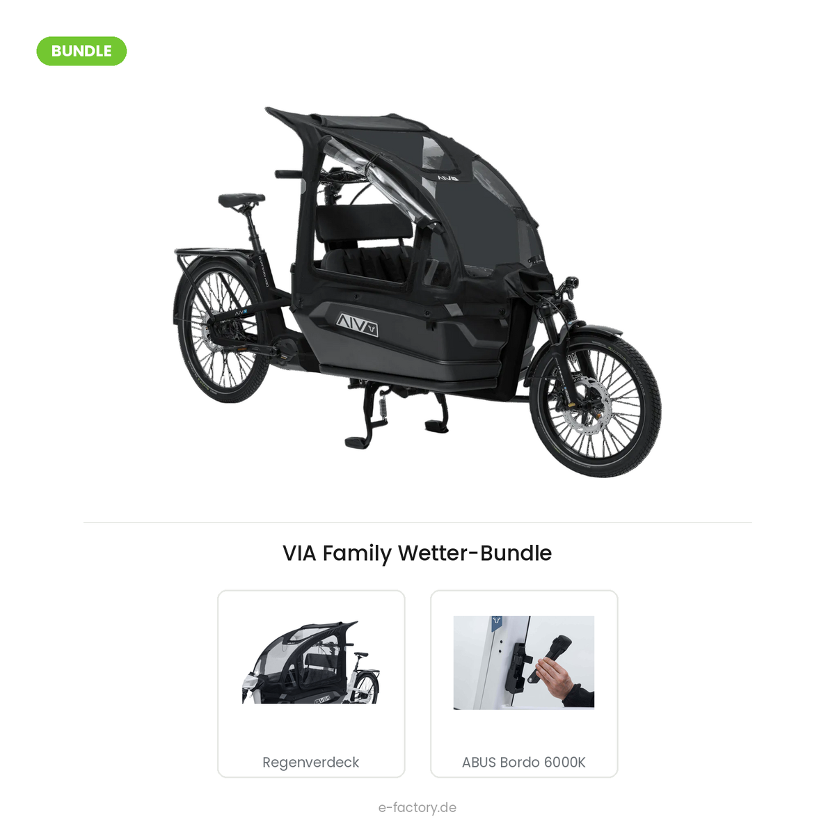 VIA Family Wetter-Bundle: E-Lastenrad mit VIA Regenverdeck und ABUS Bordo 6000K Faltschloss