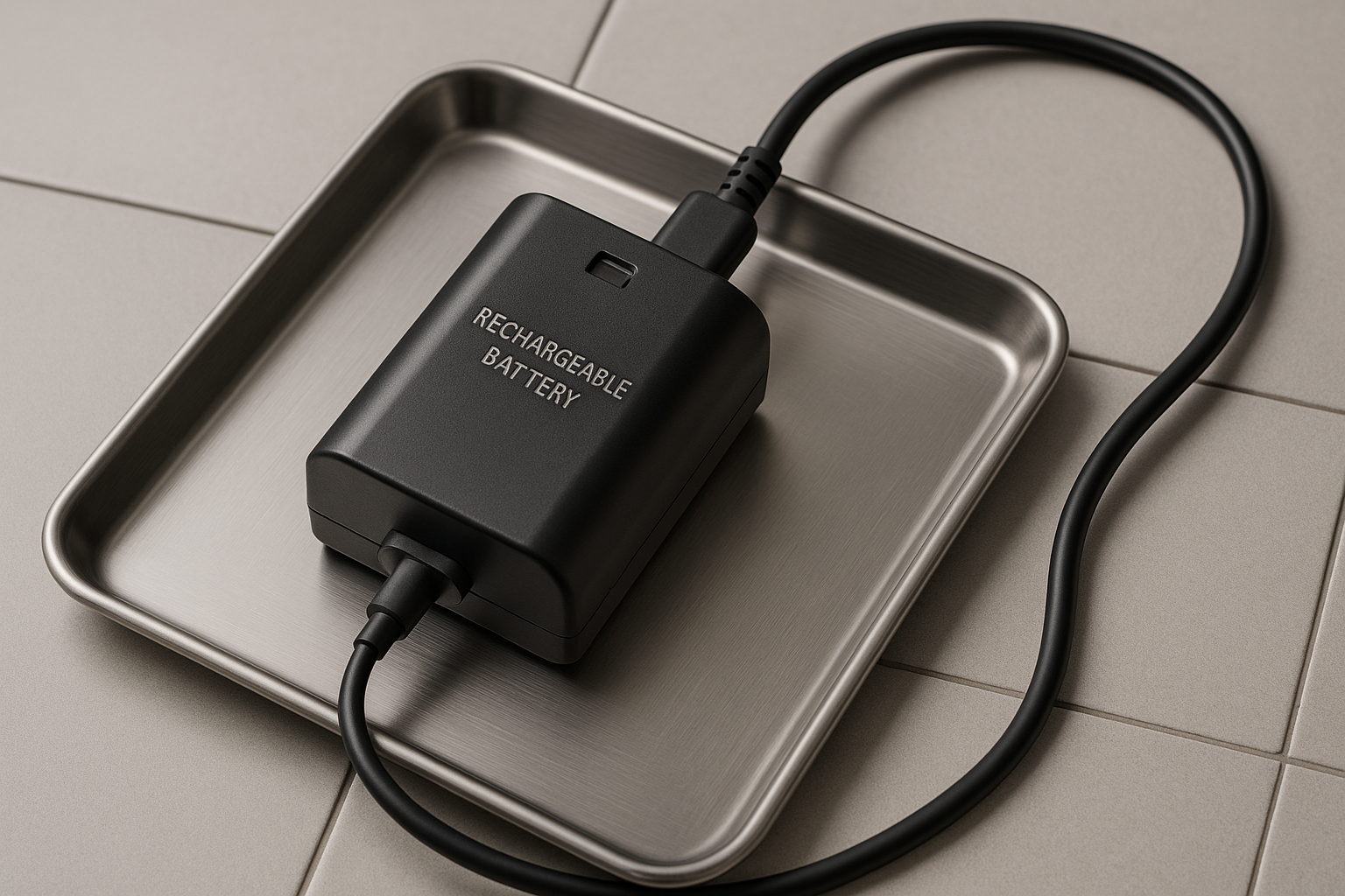 Hero-Bild: Akku liegt auf Fliesen/Metalltablett, Original-Ladegerät angeschlossen, ordentlicher Kabelverlauf.